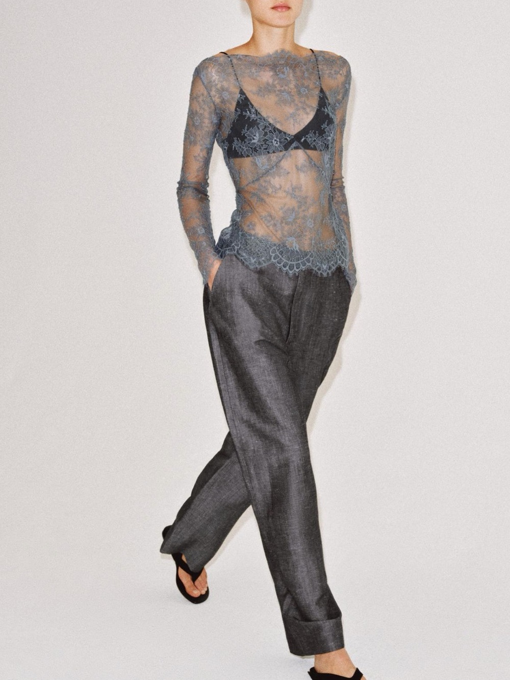 Zara Gray Sheer Floral Lace Long-Sleeve Top